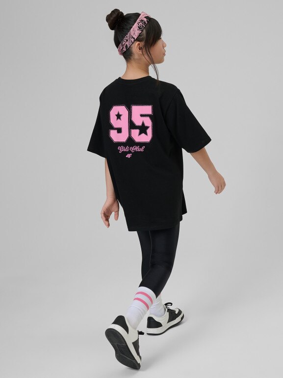 Dziewczęcy t-shirt z nadrukiem 4F 4FJRSS26TTSHF3452 - czarny