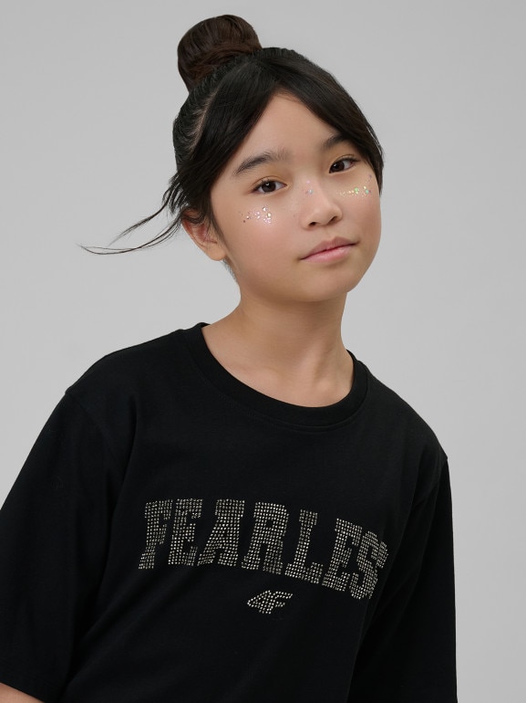 Dziewczęcy t-shirt z nadrukiem 4F 4FJRSS26TTSHF3453 - czarny