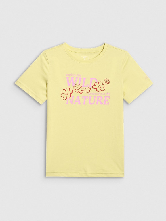 Dziewczęcy t-shirt z nadrukiem 4F 4FJRSS26TTSHF3677 - żółty