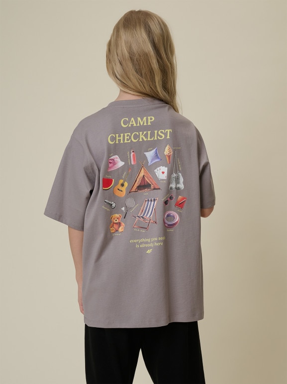 Dziewczęcy t-shirt z nadrukiem 4F 4FJRSS26TTSHF3680 - beżowy
