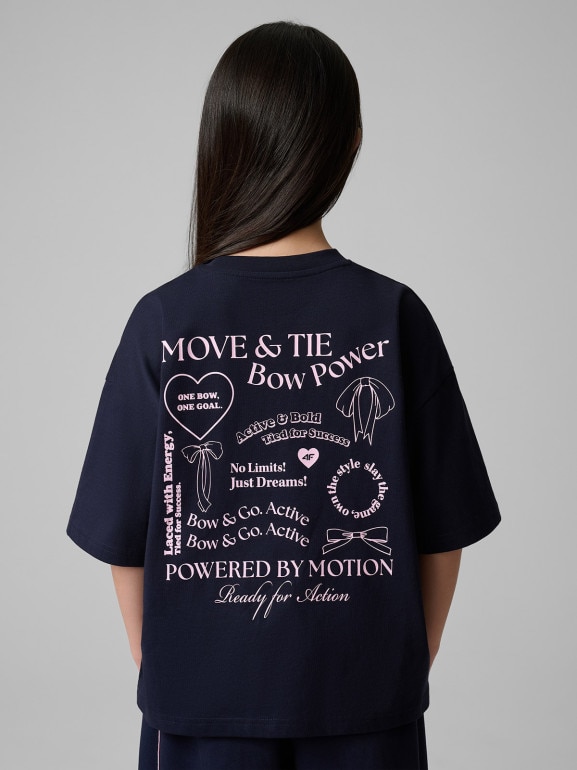 Dziewczęcy t-shirt z nadrukiem 4F 4FJRSS26TTSHF3690 - granatowy