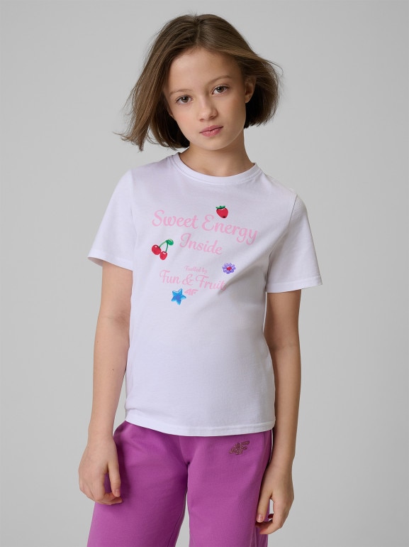 Dziewczęcy t-shirt z nadrukiem 4F 4FJRSS26TTSHF3824 - biały