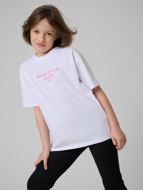 Dziewczęcy t-shirt z nadrukiem 4F 4FJRSS26TTSHF3825 - biały