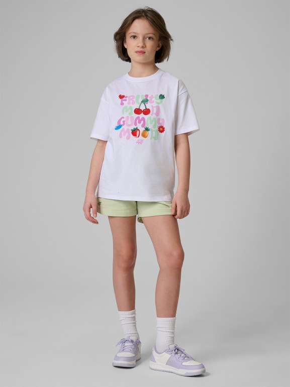 Dziewczęcy t-shirt z nadrukiem 4F 4FJRSS26TTSHF3828 - biały