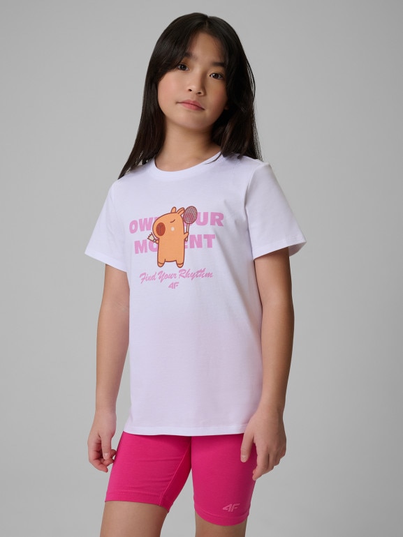 Dziewczęcy t-shirt z nadrukiem 4F 4FJRSS26TTSHF3869 - biały
