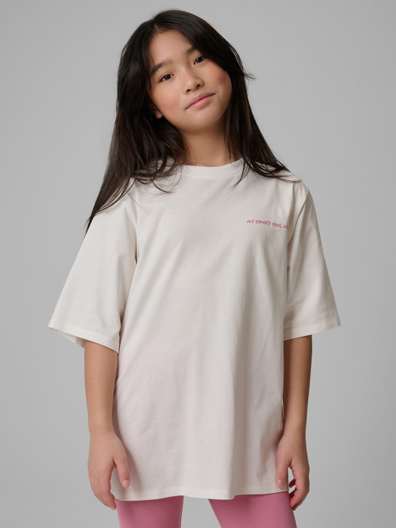 Dziewczęcy t-shirt z nadrukiem 4F 4FJRSS26TTSHF3870 - kremowy