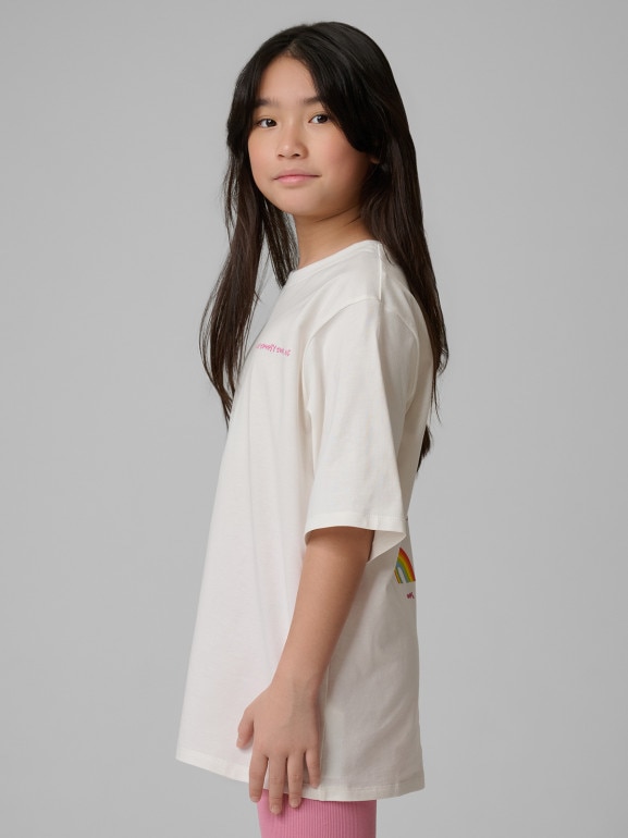 Dziewczęcy t-shirt z nadrukiem 4F 4FJRSS26TTSHF3870 - kremowy