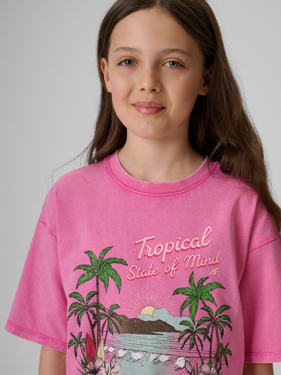 Dziewczęcy t-shirt z nadrukiem 4F 4FJRSS26TTSHF3981 - różowy
