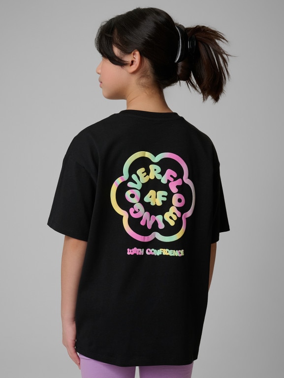 Dziewczęcy t-shirt z nadrukiem 4F 4FJRSS26TTSHF4137 - czarny
