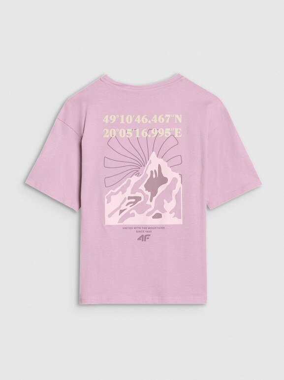 Dziewczęcy t-shirt z nadrukiem 4F 4FJWSS25TTSHF1853 - fioletowy