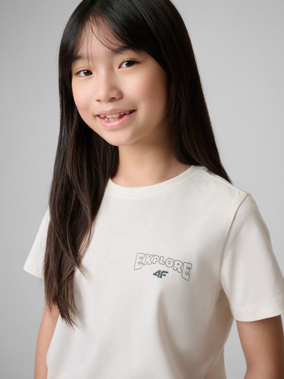 Dziewczęcy t-shirt z nadrukiem 4F 4FJWSS26TTSHF2886 - biały