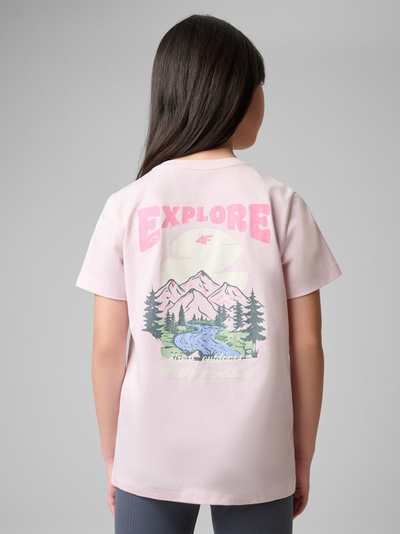 Dziewczęcy t-shirt z nadrukiem 4F 4FJWSS26TTSHF2886 - różowy
