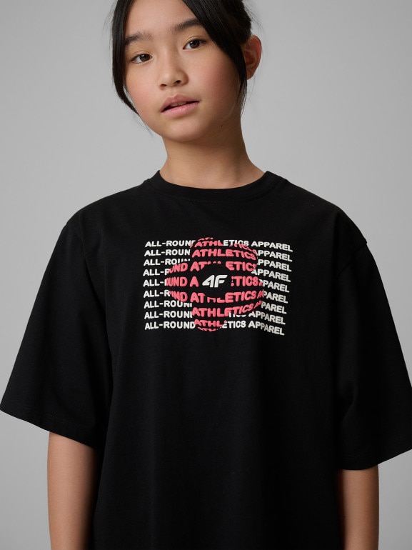 Dziewczęcy t-shirt z nadrukiem 4F 4FJWSS26TTSHF3302 - czarny