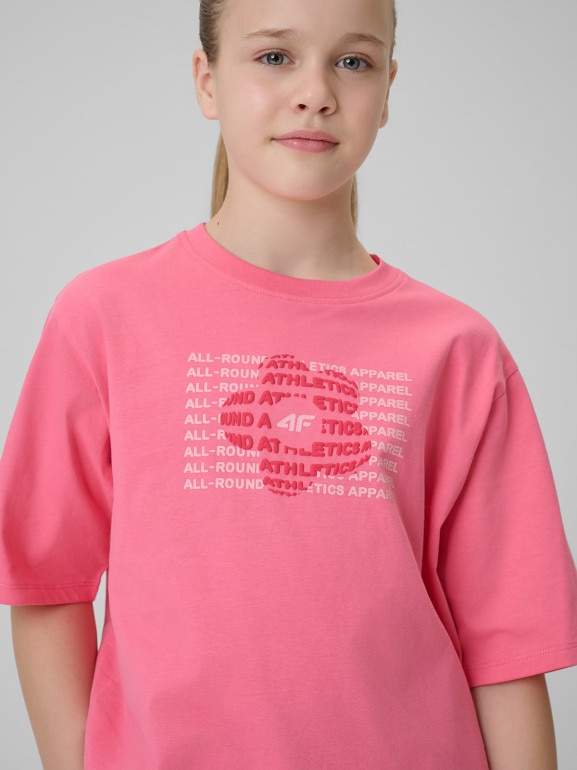 Dziewczęcy t-shirt z nadrukiem 4F 4FJWSS26TTSHF3302 - różowy