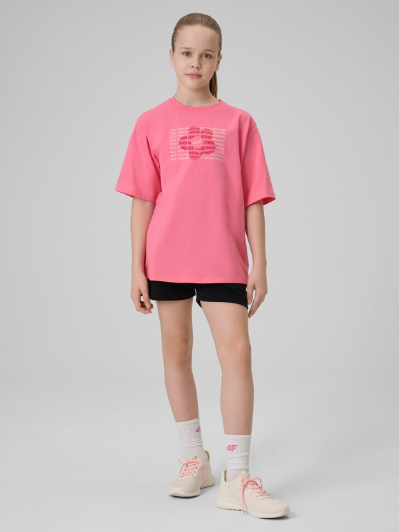 Dziewczęcy t-shirt z nadrukiem 4F 4FJWSS26TTSHF3302 - różowy