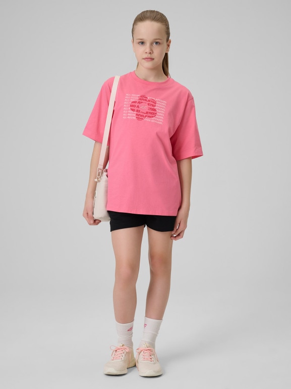Dziewczęcy t-shirt z nadrukiem 4F 4FJWSS26TTSHF3302 - różowy
