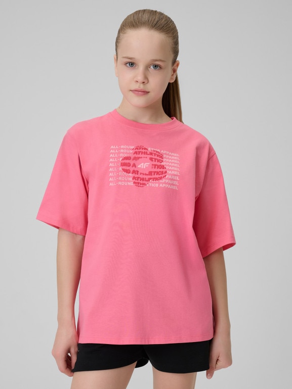Dziewczęcy t-shirt z nadrukiem 4F 4FJWSS26TTSHF3302 - różowy