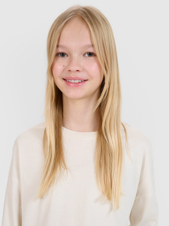 Dziewczęcy longsleeve gładki 4F 4FJWSS25TLONF377 - beżowy