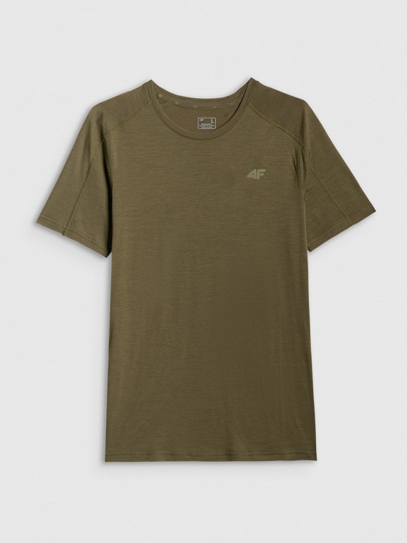Męska koszulka trekkingowa z wełną merino 4F 4FWSS26TFTSM1798 - khaki
