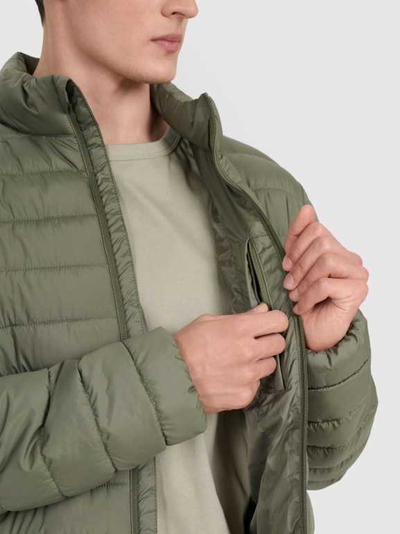 Męska kurtka puchowa pikowana 4F 4FWAW25TDJAM597 - oliwkowa