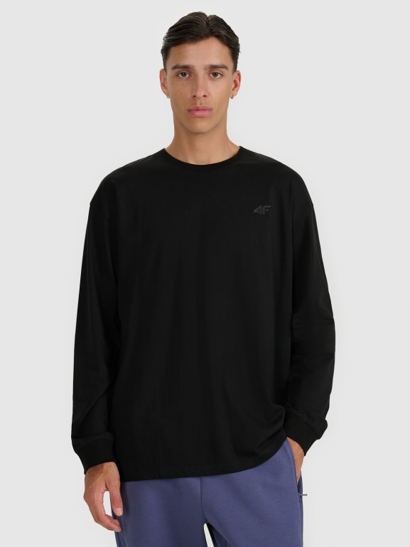 Męski longsleeve oversize z nadrukiem 4F 4FWAW25TLONM481 - czarny