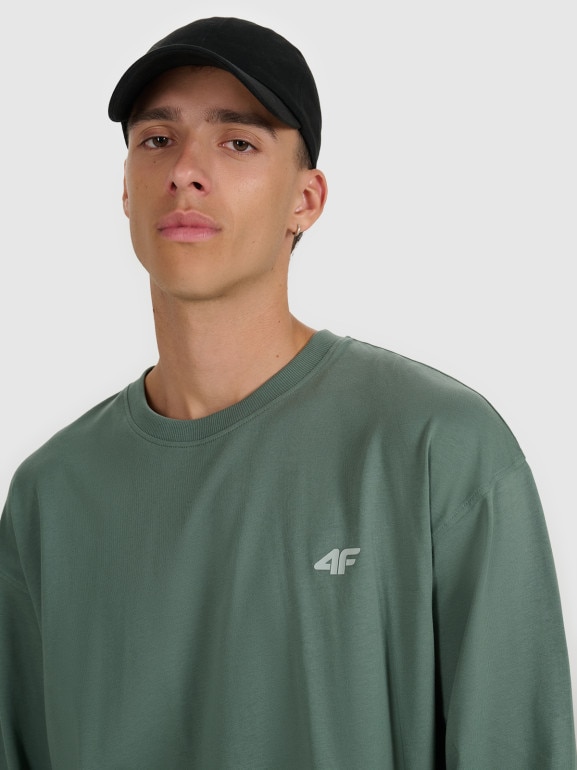 Męski longsleeve oversize z nadrukiem 4F 4FWAW25TLONM481 - oliwkowy