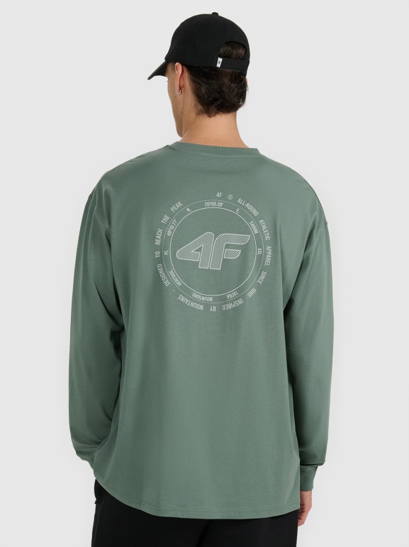 Męski longsleeve oversize z nadrukiem 4F 4FWAW25TLONM481 - oliwkowy