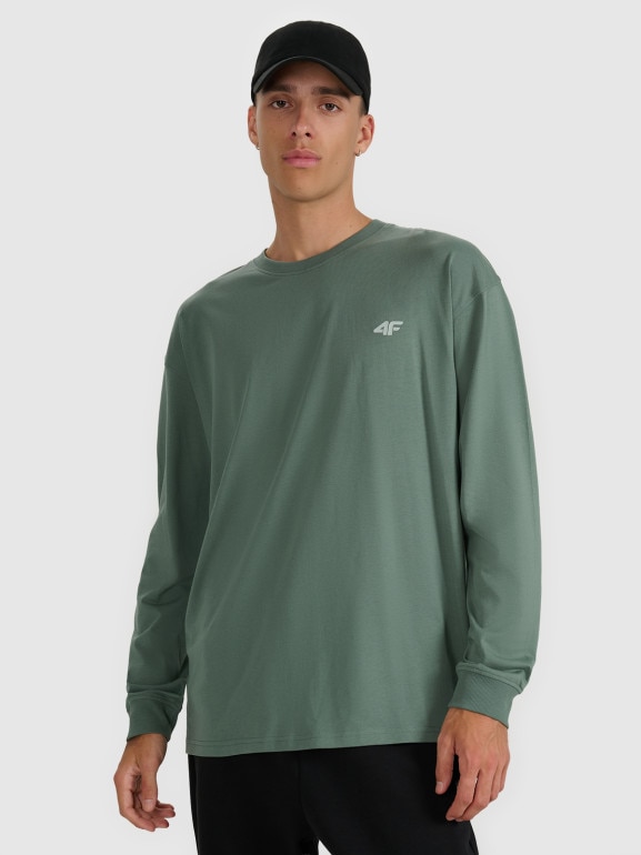 Męski longsleeve oversize z nadrukiem 4F 4FWAW25TLONM481 - oliwkowy