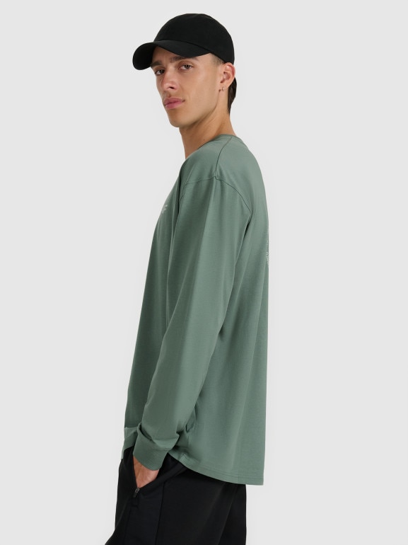 Męski longsleeve oversize z nadrukiem 4F 4FWAW25TLONM481 - oliwkowy