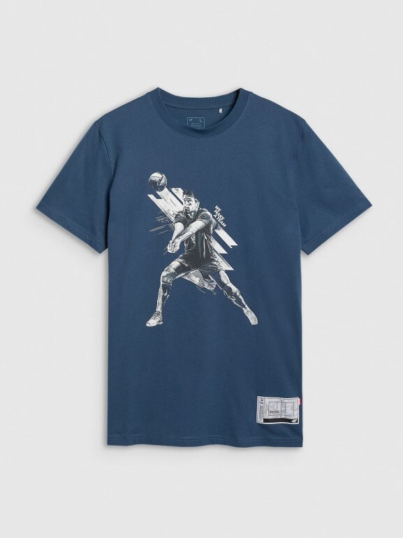 Męski t-shirt z nadrukiem 4F 4FRAW25TTSHM3237 - turkusowy