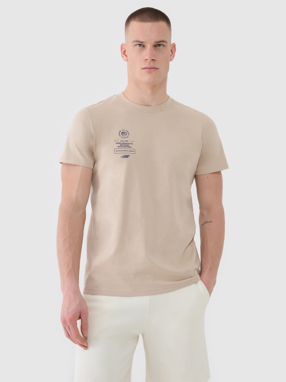Męski t-shirt z nadrukiem 4F 4FRSS25TTSHM2690 - beżowy