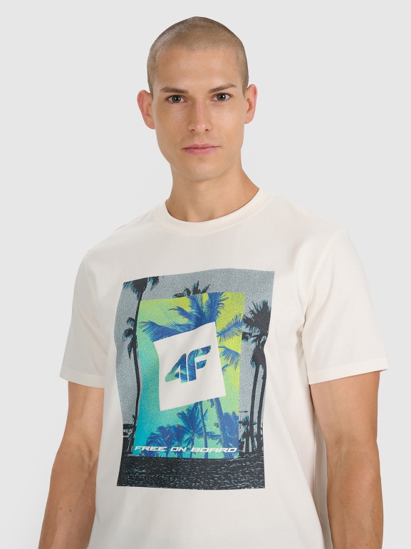 Męski t-shirt z nadrukiem 4F 4FRSS25TTSHM2846 - beżowy