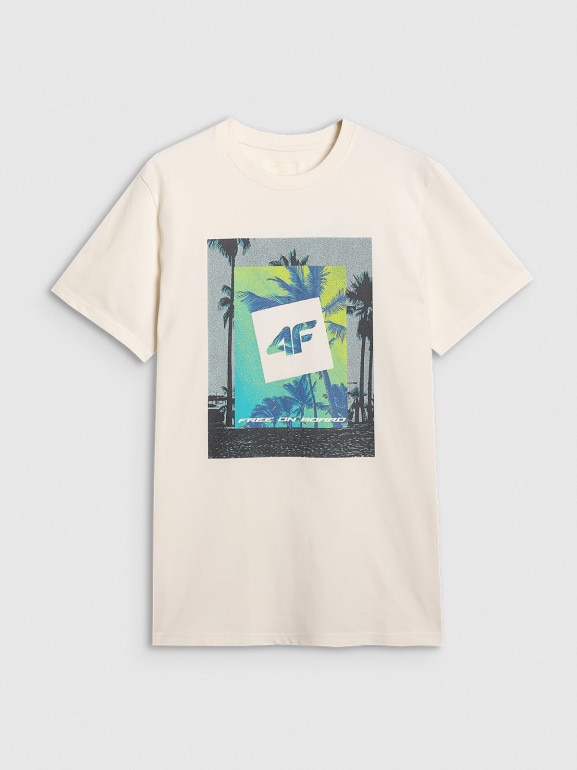 Męski t-shirt z nadrukiem 4F 4FRSS25TTSHM2846 - beżowy