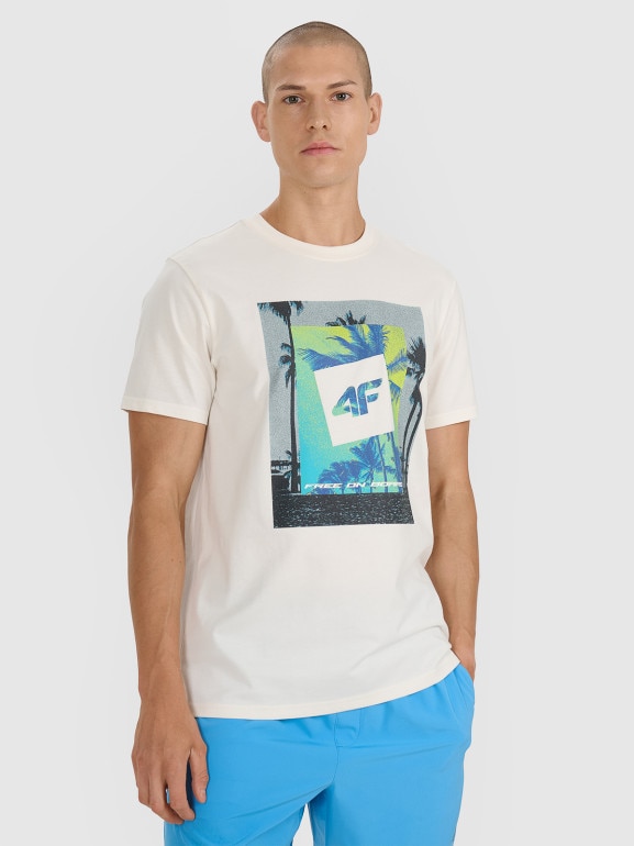 Męski t-shirt z nadrukiem 4F 4FRSS25TTSHM2846 - beżowy