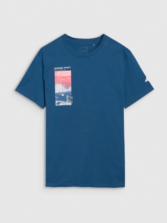 Męski t-shirt z nadrukiem 4F 4FRSS25TTSHM2997 - turkusowy