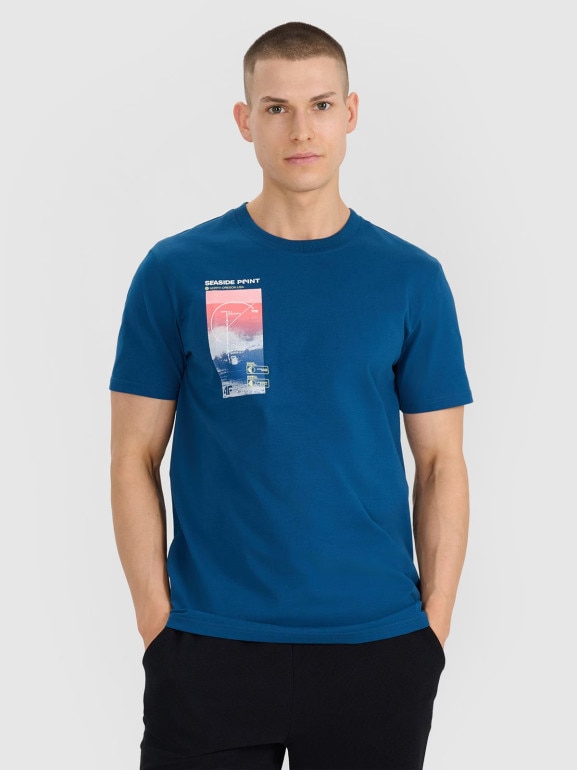 Męski t-shirt z nadrukiem 4F 4FRSS25TTSHM2997 - turkusowy