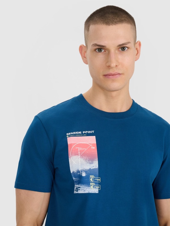 Męski t-shirt z nadrukiem 4F 4FRSS25TTSHM2997 - turkusowy