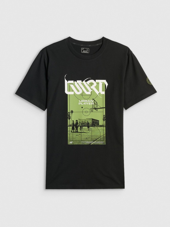 Męski t-shirt z nadrukiem 4F 4FRSS26TTSHM3770 - czarny