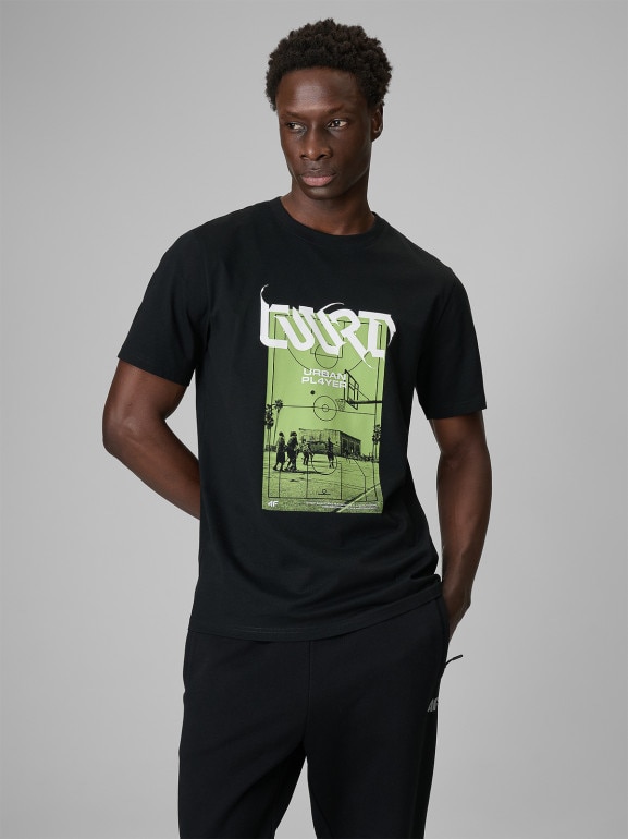 Męski t-shirt z nadrukiem 4F 4FRSS26TTSHM3770 - czarny