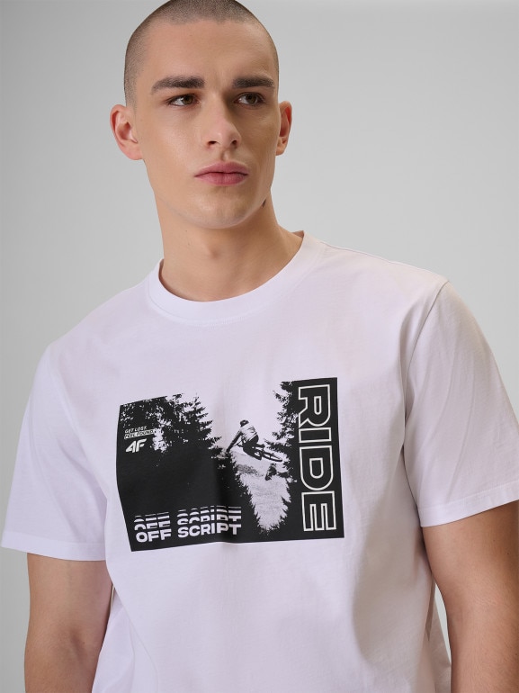 Męski t-shirt z nadrukiem 4F 4FRSS26TTSHM3878 - biały