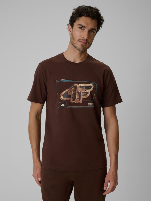 Męski t-shirt z nadrukiem 4F 4FRSS26TTSHM4230 - brązowy