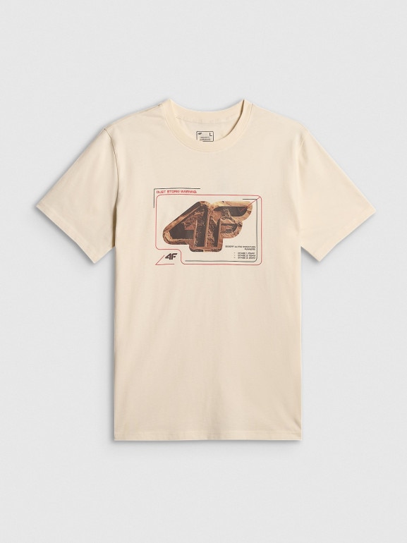 Męski t-shirt z nadrukiem 4F 4FRSS26TTSHM4230 - kremowy