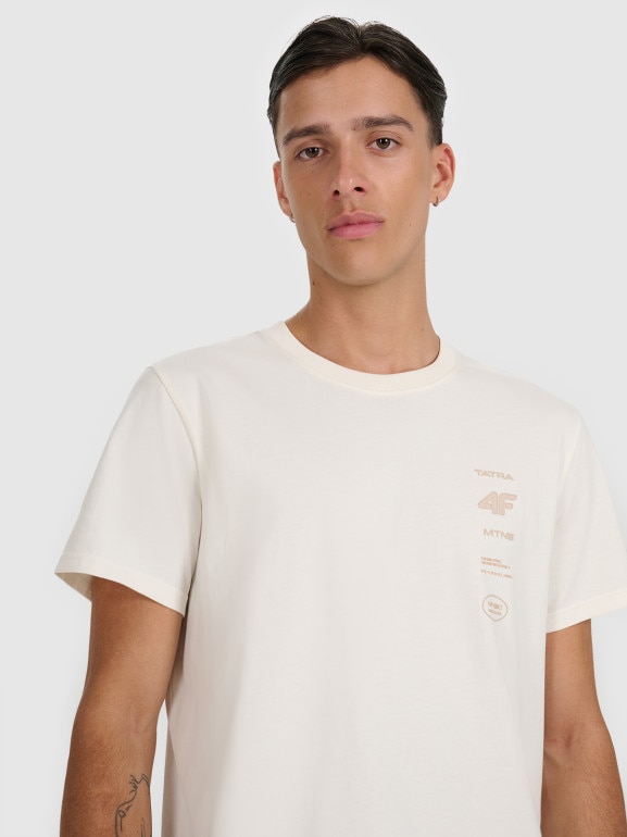 Męski t-shirt z nadrukiem 4F 4FWAW25TTSHM2402 - beżowy