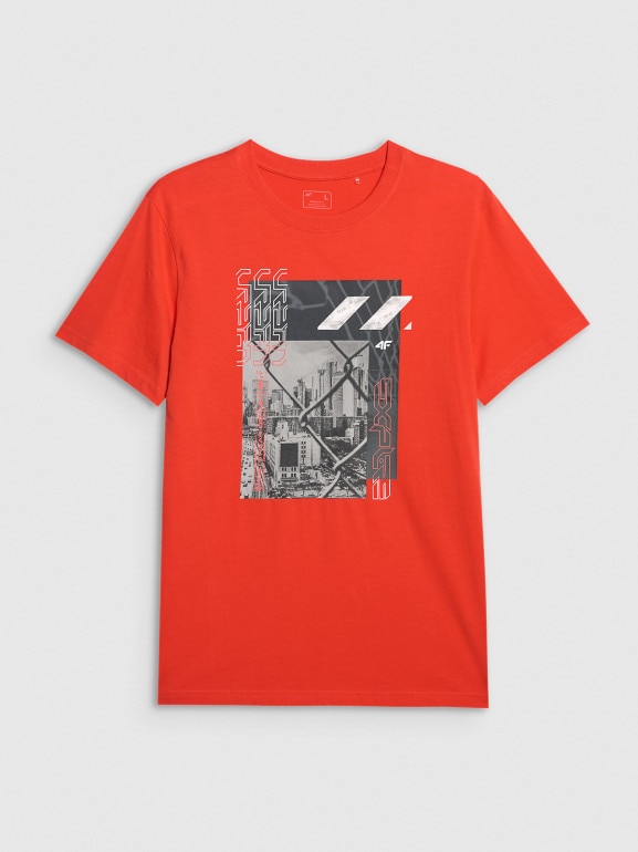 Męski t-shirt z nadrukiem 4F 4FWAW25TTSHM3123 - pomarańczowy