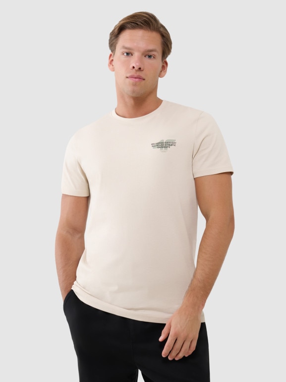 Męski t-shirt z nadrukiem 4F 4FWSS25TTSHM1974 - beżowy