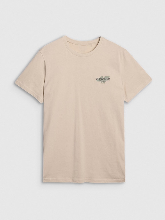 Męski t-shirt z nadrukiem 4F 4FWSS25TTSHM1974 - beżowy
