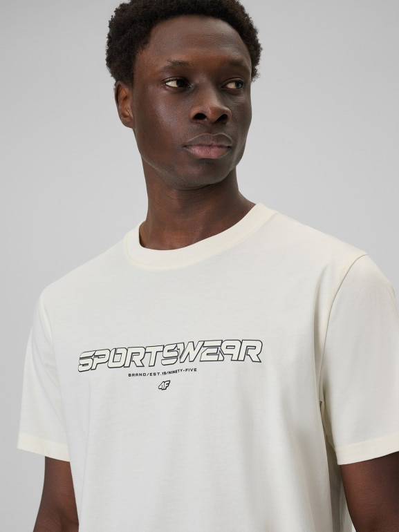 Męski t-shirt z nadrukiem 4F 4FWSS26TTSHM3033 - kremowy