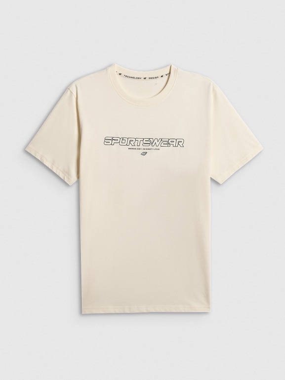 Męski t-shirt z nadrukiem 4F 4FWSS26TTSHM3033 - kremowy