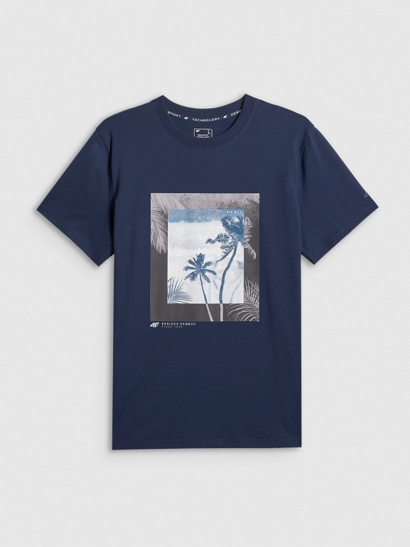 Męski t-shirt z nadrukiem 4F 4FWSS26TTSHM3034 - granatowy