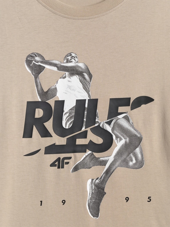 Męski t-shirt z nadrukiem 4F 4FWSS26TTSHM3333 - beżowy